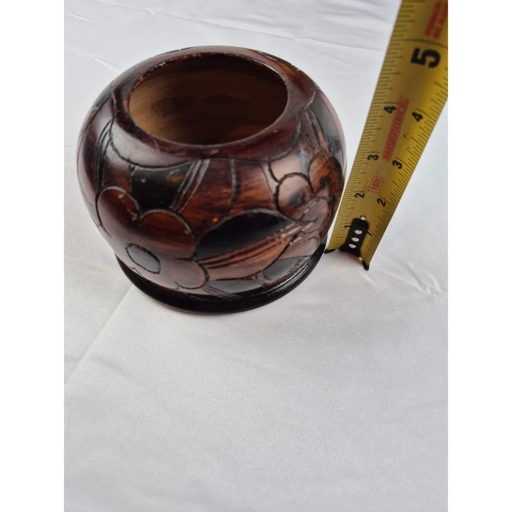 Vintage Hand Carved Wood Bowl Floral Design Dark‎ Stain Boho Decor Rustic
